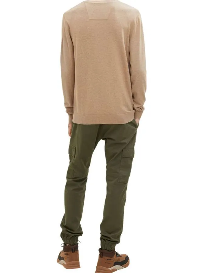 Pull en coton taupe uni à coupe droite et col rond, logo brodé poitrine