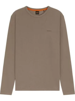 Pull en coton taupe uni pourvu d'un col rond et de manches longues