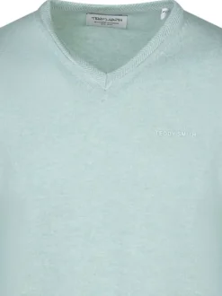 Pull en coton turquoise en maille jersey avec une coupe droite et un col v