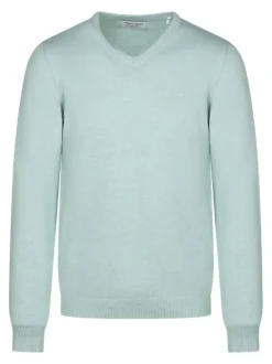 Pull en coton turquoise en maille jersey avec une coupe droite et un col v