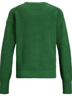 Pull en coton vert uni coupe droite avec un col rond et maille piquée