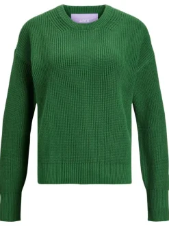 Pull en coton vert uni coupe droite avec un col rond et maille piquée