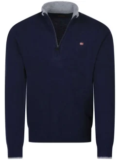 Pull en laine bleu marine uni avec un col montant et zippé et une coupe droite