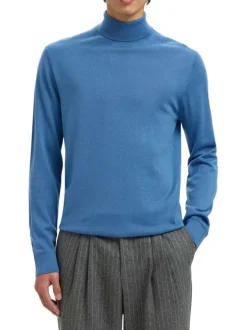 Pull en laine bleu Tray en maille fine à coupe droite et col roulé
