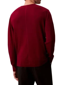 Pull en laine bordeaux uni col rond coupe ajustée avec logo brodé