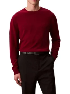 Pull en laine bordeaux uni col rond coupe ajustée avec logo brodé