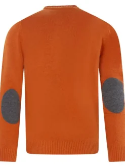 Pull en laine brique uni avec renforts ovales aux coudes et une coupe droite