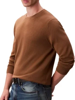 Pull en laine camel uni coupe ajustée col rond avec logo brodé