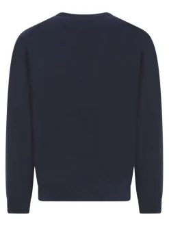 Pull en laine d'agneau marine uni avec une coupe droite et un col rond
