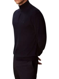 Pull en laine marine uni coupe ajustée avec un col camionneur