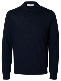 Pull en laine merinos marine uni avec une coupe droite et un col polo
