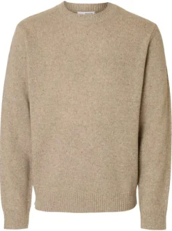 Pull en laine mélangée beige Neil en maille tricotée avec un col rond