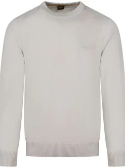 Pull en laine mélangée beige uni à col rond et avec le nom de la marque brodé