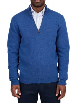 Pull en laine mélangée bleu indigo chiné avec un col montant et zippé
