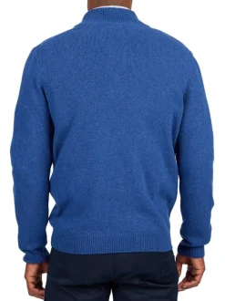 Pull en laine mélangée bleu indigo chiné avec un col montant et zippé