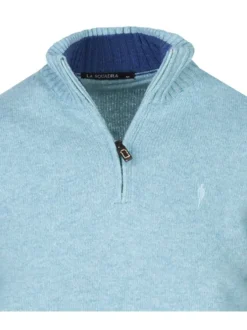 Pull en laine mélangée bleu uni avec une coupe droite à col montant et zippé