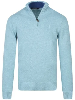 Pull en laine mélangée bleu uni avec une coupe droite à col montant et zippé