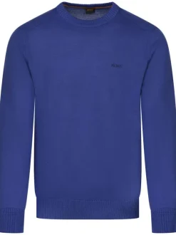 Pull en laine mélangée bleu uni à col rond et avec le nom de la marque brodé