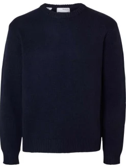 Pull en laine mélangée en marine maille jersey à coupe droite et col rond