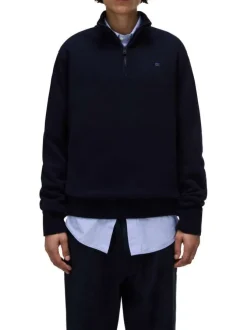 Pull en laine mélangée marine uni avec une coupe droite et un col camionneur