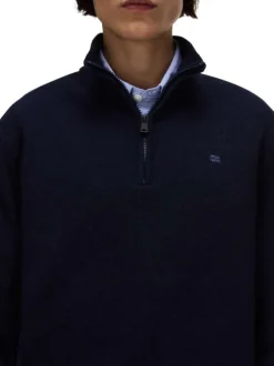 Pull en laine mélangée marine uni avec une coupe droite et un col camionneur