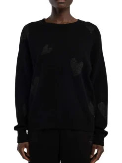 Pull en laine mélangée noir à coeurs avec un col rond et une coupe droite