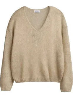 Pull en laine mélangée sable uni avec un col v et une coupe droite