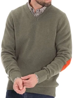 Pull en laine mélangée vert uni droit à col v avec logo brodé et coudières