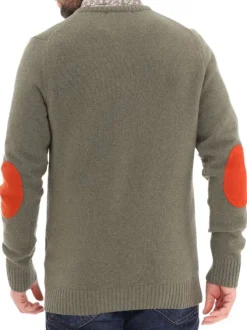 Pull en laine mélangée vert uni droit à col v avec logo brodé et coudières