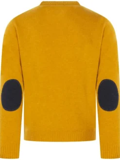 Pull en laine moutarde uni avec des renforts aux coudes et un col en V