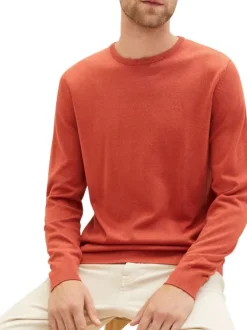 Pull en maille piquée de coton brique à coupe droite et col rond