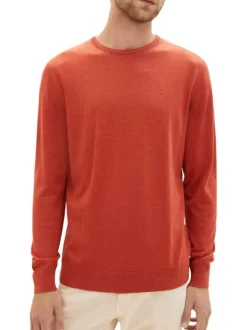Pull en maille piquée de coton brique à coupe droite et col rond