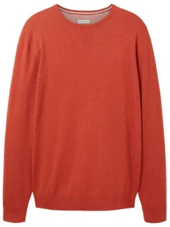 Pull en maille piquée de coton brique à coupe droite et col rond