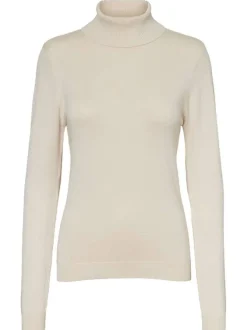 Pull femme écru uni stretch avec une coupe ajustée, des manches longues et un col roulé