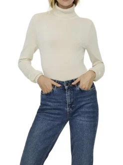 Pull femme écru uni stretch avec une coupe ajustée, des manches longues et un col roulé