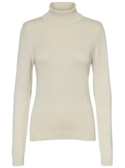 Pull femme écru uni stretch avec une coupe ajustée, des manches longues et un col roulé