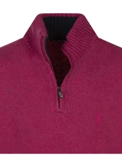 Pull framboise uni coupe droite à col montant et zippé et avec manches longues