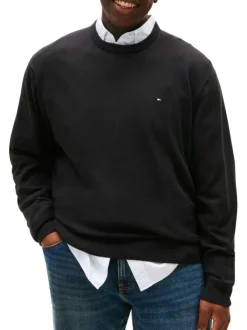 Pull Grande Taille en coton noir uni avec une coupe ajustée et un col rond