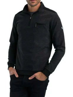 Pull gris anthracite chiné avec un col montant zippé et une poche