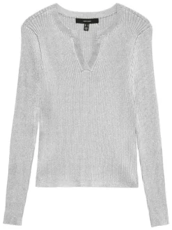 Pull gris clair uni avec incrustation de fils lurex et col tunisien