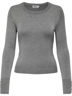 Pull gris clair uni avec une coupe droite à col rond et des boutons