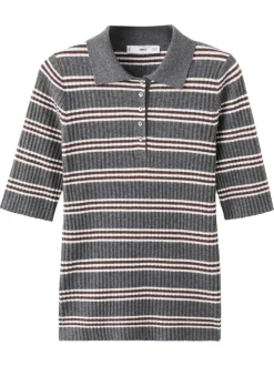 Pull gris à rayures blanches avec une coupe ajustée et un col polo