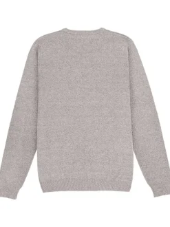 Pull gris uni avec une coupe droite à col v et nom de la marque