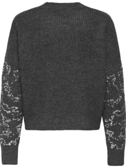 Pull gris uni coupe droite col rond et à manches longues