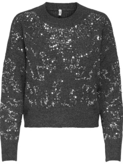 Pull gris uni coupe droite col rond et à manches longues