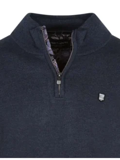 Pull half zip marine chiné avec petit écusson bicolore cousu