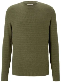 Pull kaki en coton uni avec un col rond en maille structurée