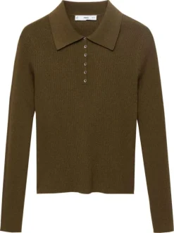 Pull kaki en maille côtelée avec une coupe ajustée et un col polo boutonné