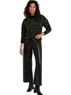Pull kaki en maille tricotée à manches longues orné de motifs animalier