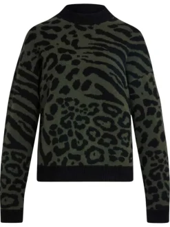 Pull kaki en maille tricotée à manches longues orné de motifs animalier